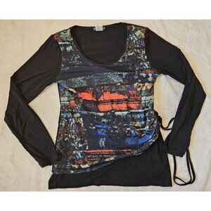 Dolcezza Womens Top Long Sleeve Small Multicolor Print Black